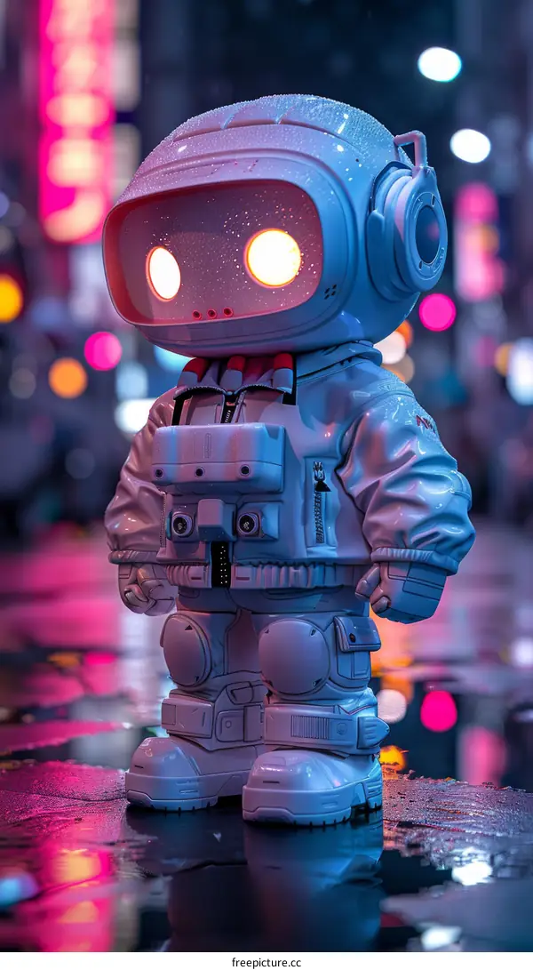 A lonely robot standing in the rain on a busy street