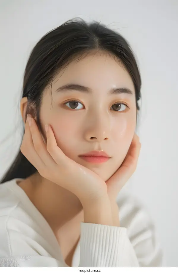Young Asian Woman with Long Black Hair Posing for Portrait