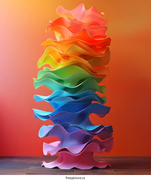 Abstract Colorful 3D Rainbow Sculpture On A Wooden Floor With Orange Wall