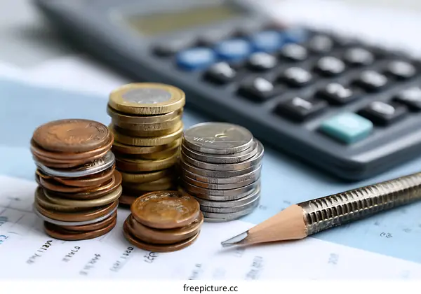 Money Stacks on Financial Documents with Calculator