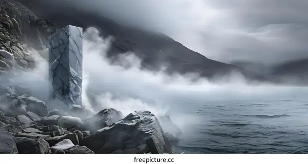 Monolith Rock in Foggy Mountain Landscape