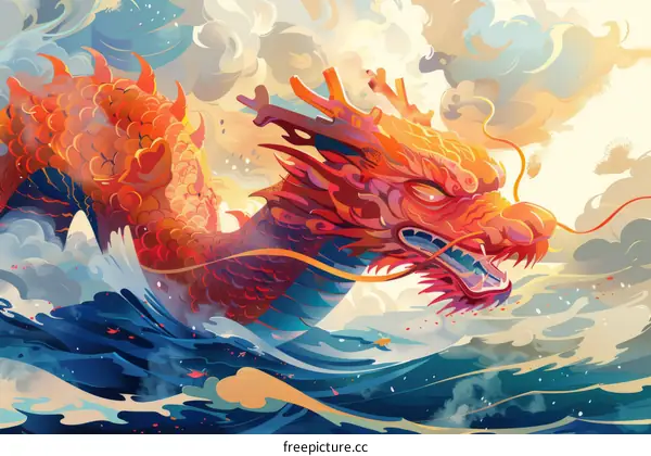 Illustration of a Majestic Dragon Adorned with Red and Blue Scales Soaring Amidst the Clouds