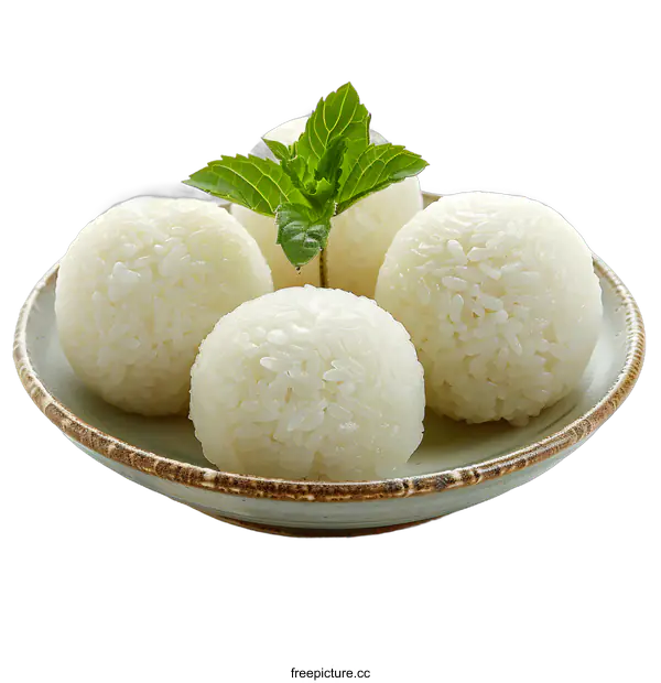 [Transparent Background PNG]Rice balls with mint leaves on a plate