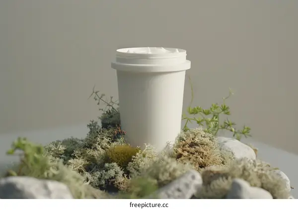 White Cream Jar Surrounded by Moss and Stones