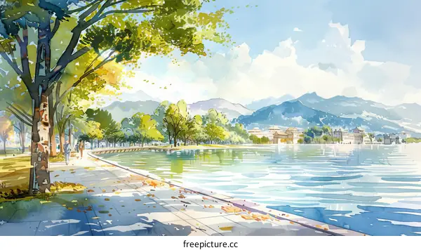 Lakeside park with trees and mountains in the background