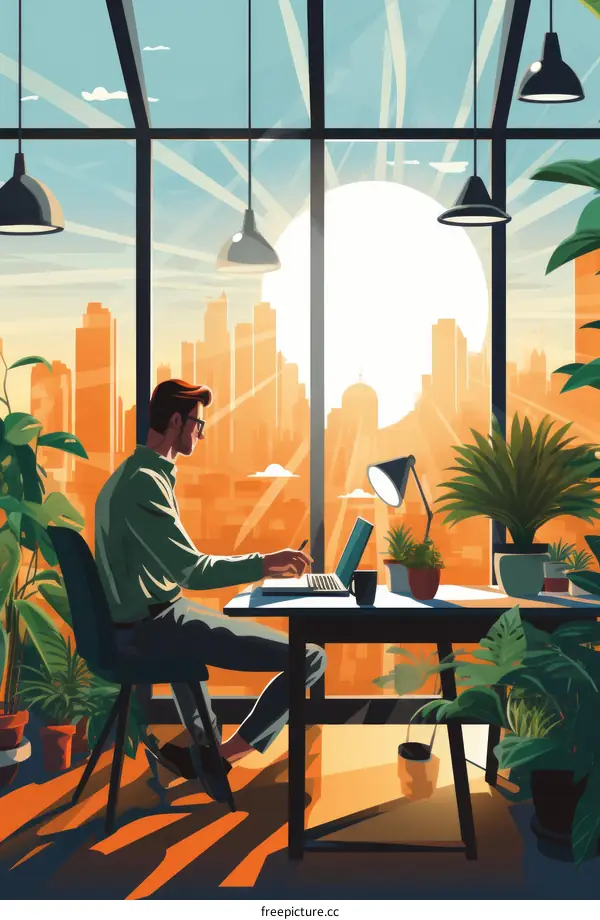 man working on laptop in home office with large windows