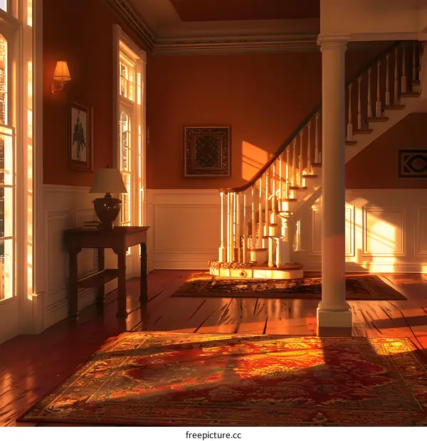 Sunlit Interior Of A Grand Foyer With A Staircase