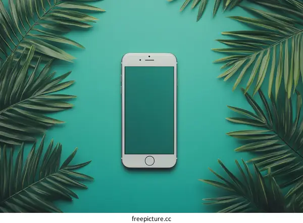 White Smartphone on Turquoise Background with Palm Leaves