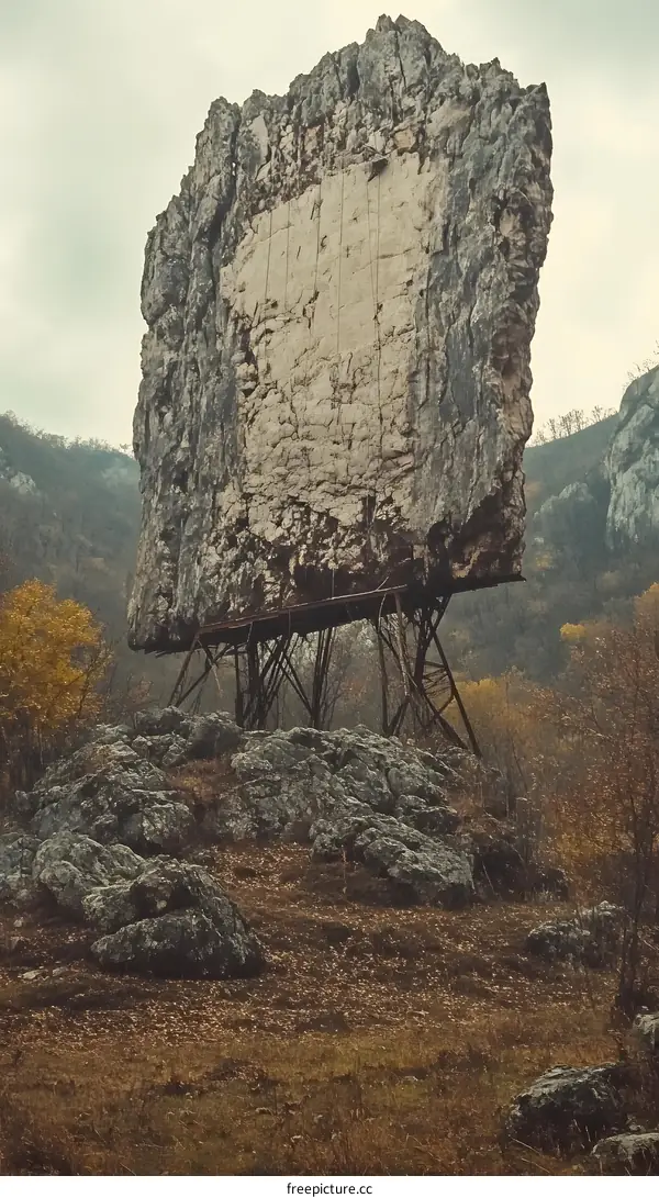 Large Rock Balanced On Metal Stand In The Mountains