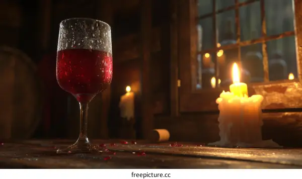 A glass of red wine on a wooden table with candles in the background