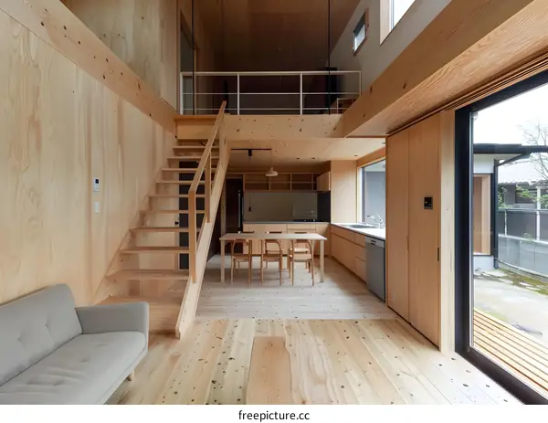 Modern Wooden House Interior with Loft and Staircase