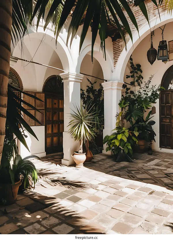 White Columns Archway Courtyard Patio Garden