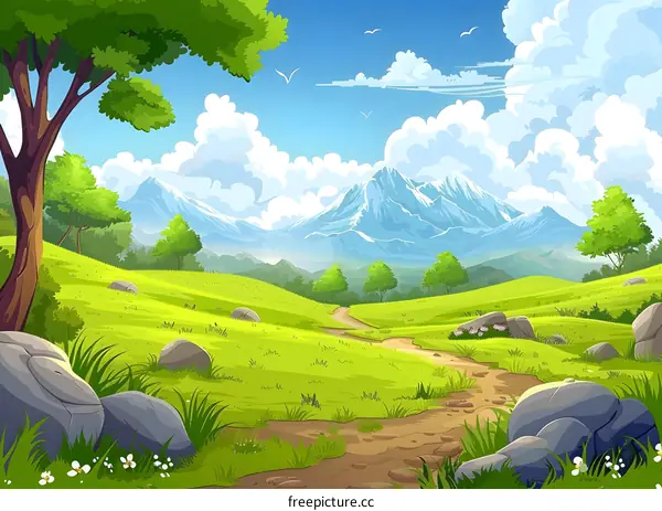 Green Grass Landscape with Winding Path and Mountains