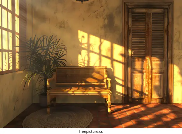 Sunlight Streaming Through Window In Empty Room With Wooden Bench