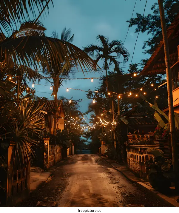 Nighttime Street Scene With String Lights And Palm Trees