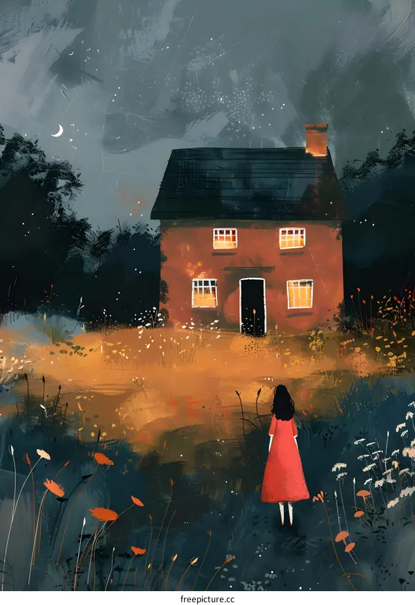 girl in red dress looking at house in distance