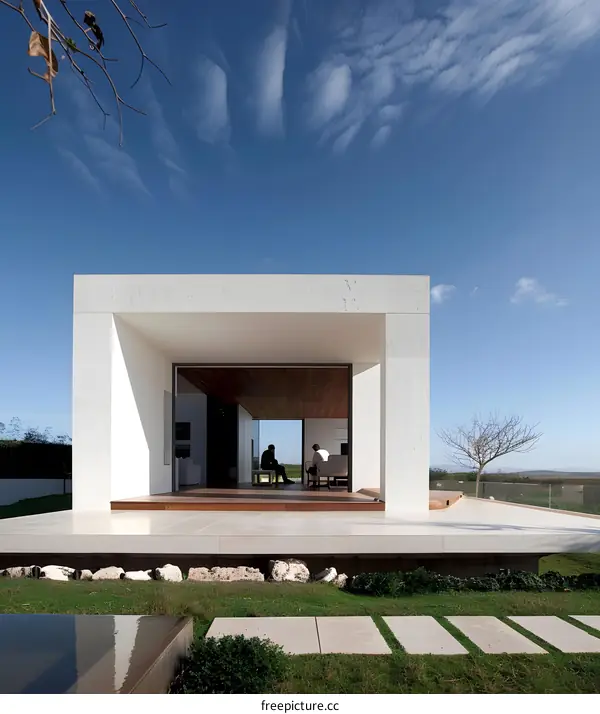 Modern Minimalist White House with Open Terrace and Lush Green Lawn