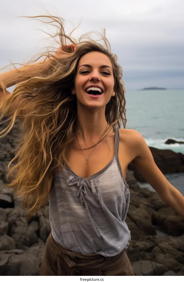 Laughing blonde woman standing on rocky beach with arms outstretched