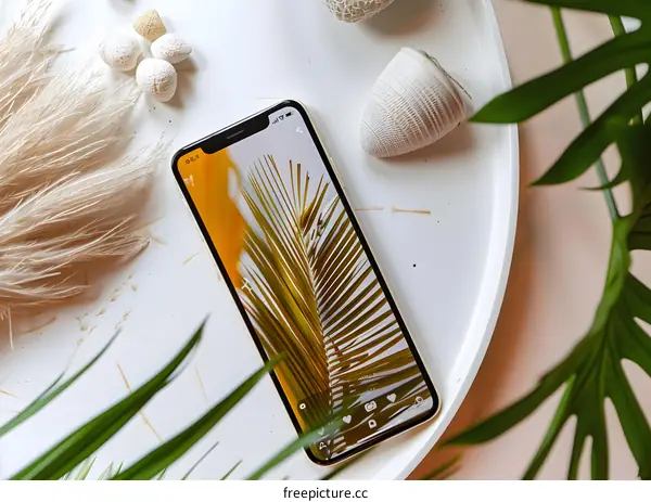 Smartphone Display With Palm Leaf Wallpaper