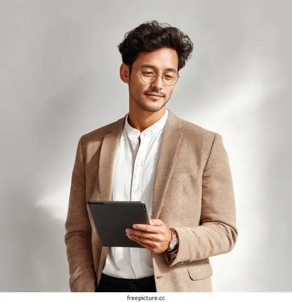 Businessman Reading Tablet in Beige Jacket