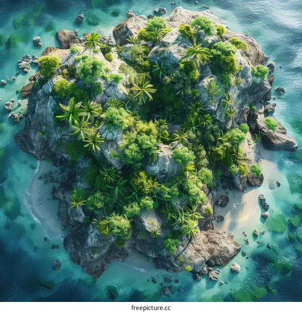 Small rocky island with green vegetation in the middle of the ocean