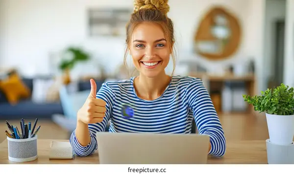 Happy Woman Giving Thumbs Up at Home Office