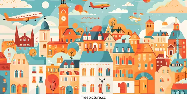 Colorful Illustration Of European Cityscape With Flying Planes
