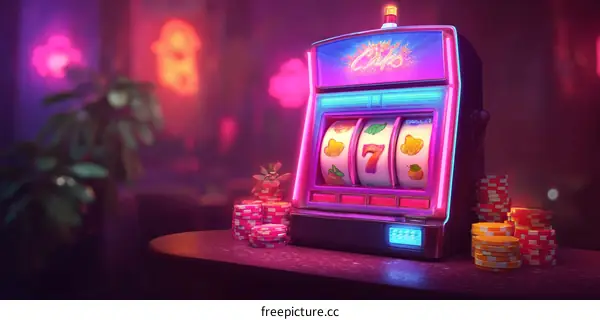 Retro Neon Slot Machine in a Nightclub Setting