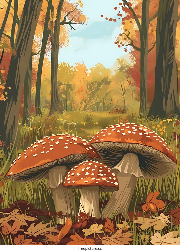 Autumn Forest Landscape with Red Mushrooms