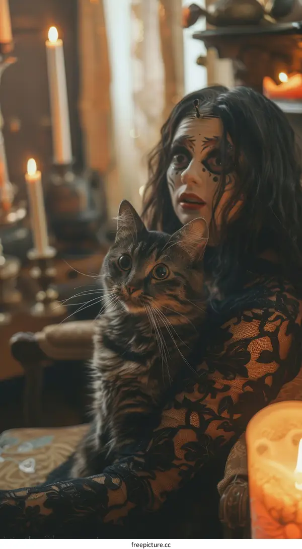 A woman with dark hair and a cat on her lap is sitting in a dimly lit room.