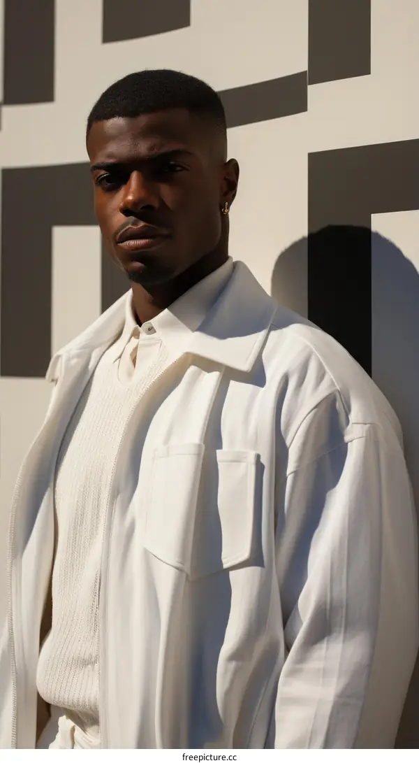 Black man in white shirt and jacket poses against patterned wall