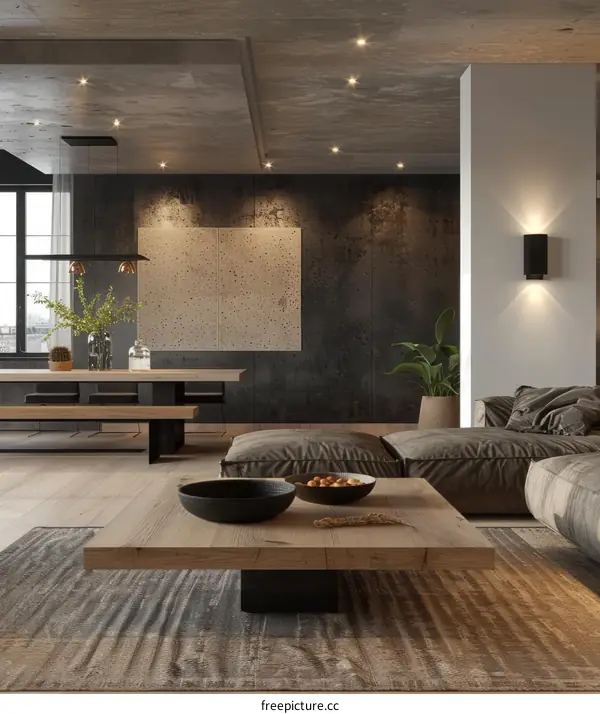 Industrial Loft Living Room with Wood and Metal Accents