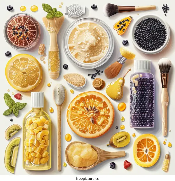 Beauty and skincare products with fruits and flowers