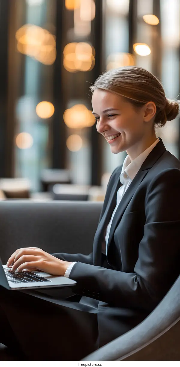 Businesswoman Sitting on a Sofa Working on Laptop
