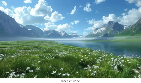 Stunning Alpine meadow with a serene lake and snow-capped mountains