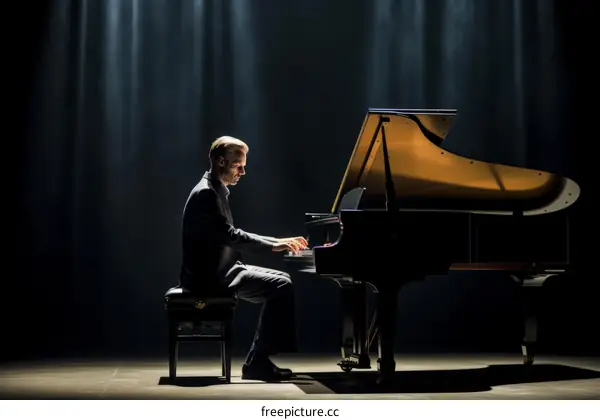Male pianist playing a grand piano on a stage with spotlights