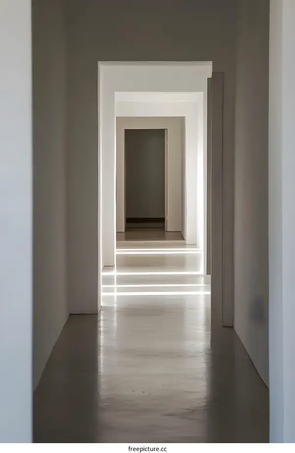 Sunlight Through White Doors in a Minimalist Hallway