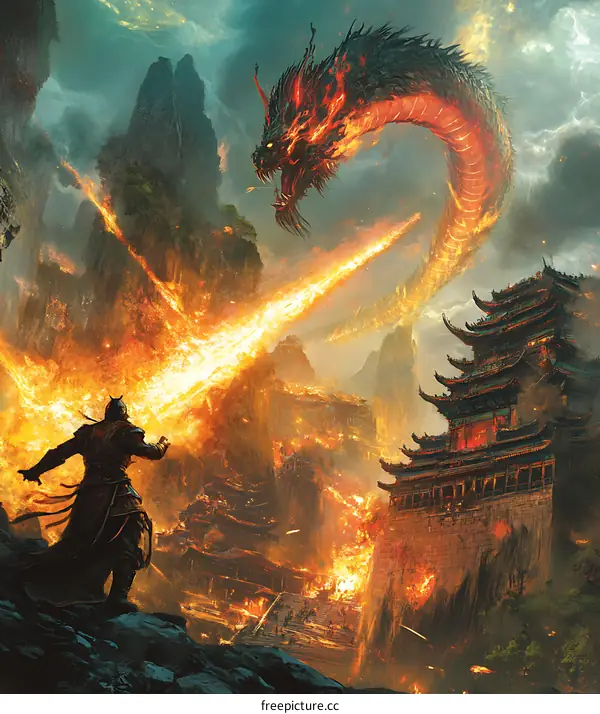 Fiery Dragon Attacking Ancient Chinese City