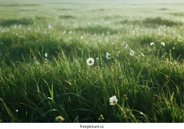 Green meadow with white daisies in early morning light