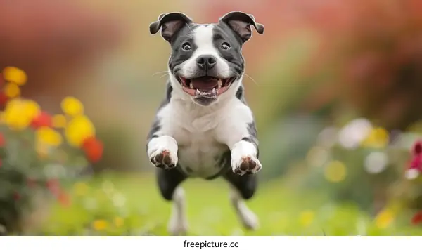 A happy Staffordshire Bull Terrier dog is running in mid-air in a field of flowers