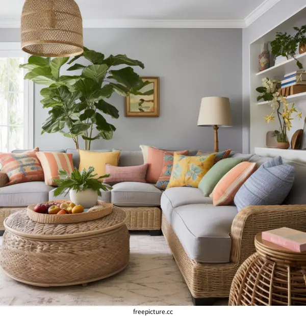 A cozy living room with a large sectional sofa, coffee table, rug, and lots of pillows and plants