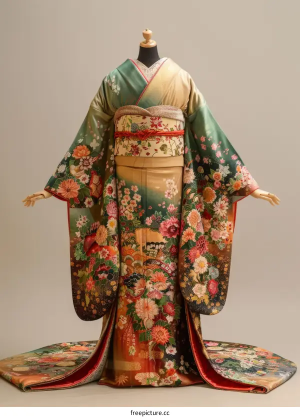 A traditional Japanese wedding kimono with a floral pattern