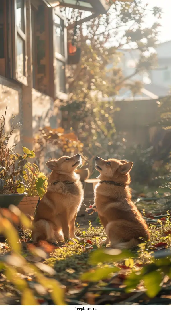 Two Shiba Inu dogs sitting in a garden looking up at something
