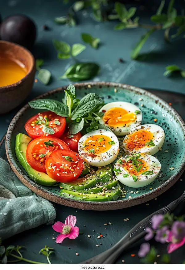 Healthy breakfast with avocado, tomato and boiled egg