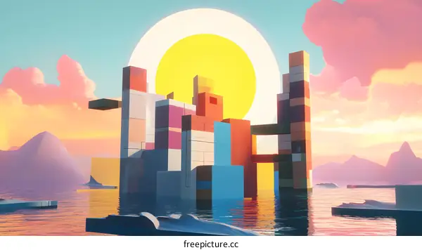 Abstract Cityscape with Colorful Buildings and a Large Sun in the Sky