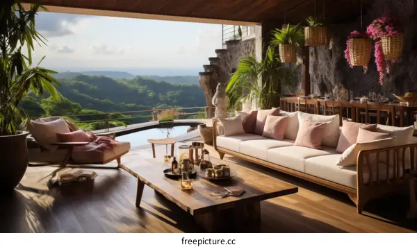 Modernbohemian interior design living room with amazing view