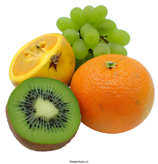 [Transparent Background PNG]Fresh Green Kiwi Orange and Grapes Fruit