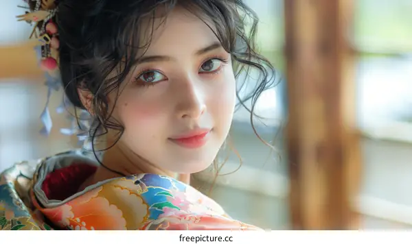 Portrait of a beautiful Asian woman in traditional Japanese kimono