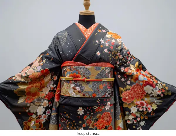 A kimono with a floral pattern and a red obi