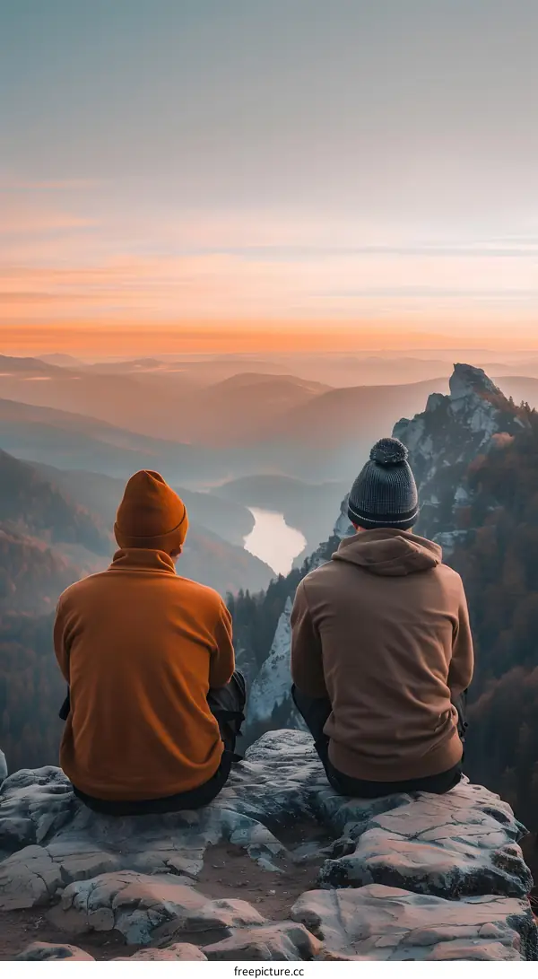 Two Men Sitting on a Mountain Cliff at Sunset